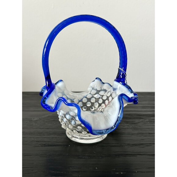 VTG Fenton Blue Opalescent Hobnail Glass Basket with Ruffled Edge New Old Stock - Picture 3 of 11